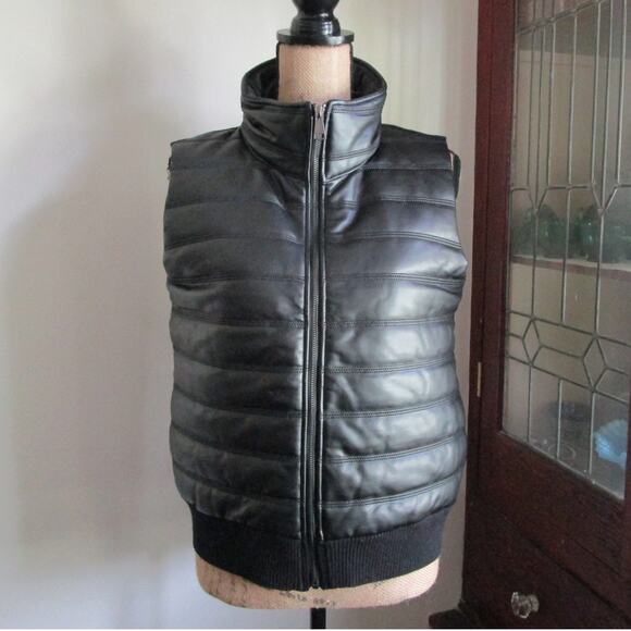 Max Studio Jackets & Blazers - Max Studio Faux Leather Puffer Vest M Zip Up Mock Neck Black Quilted Streetwear